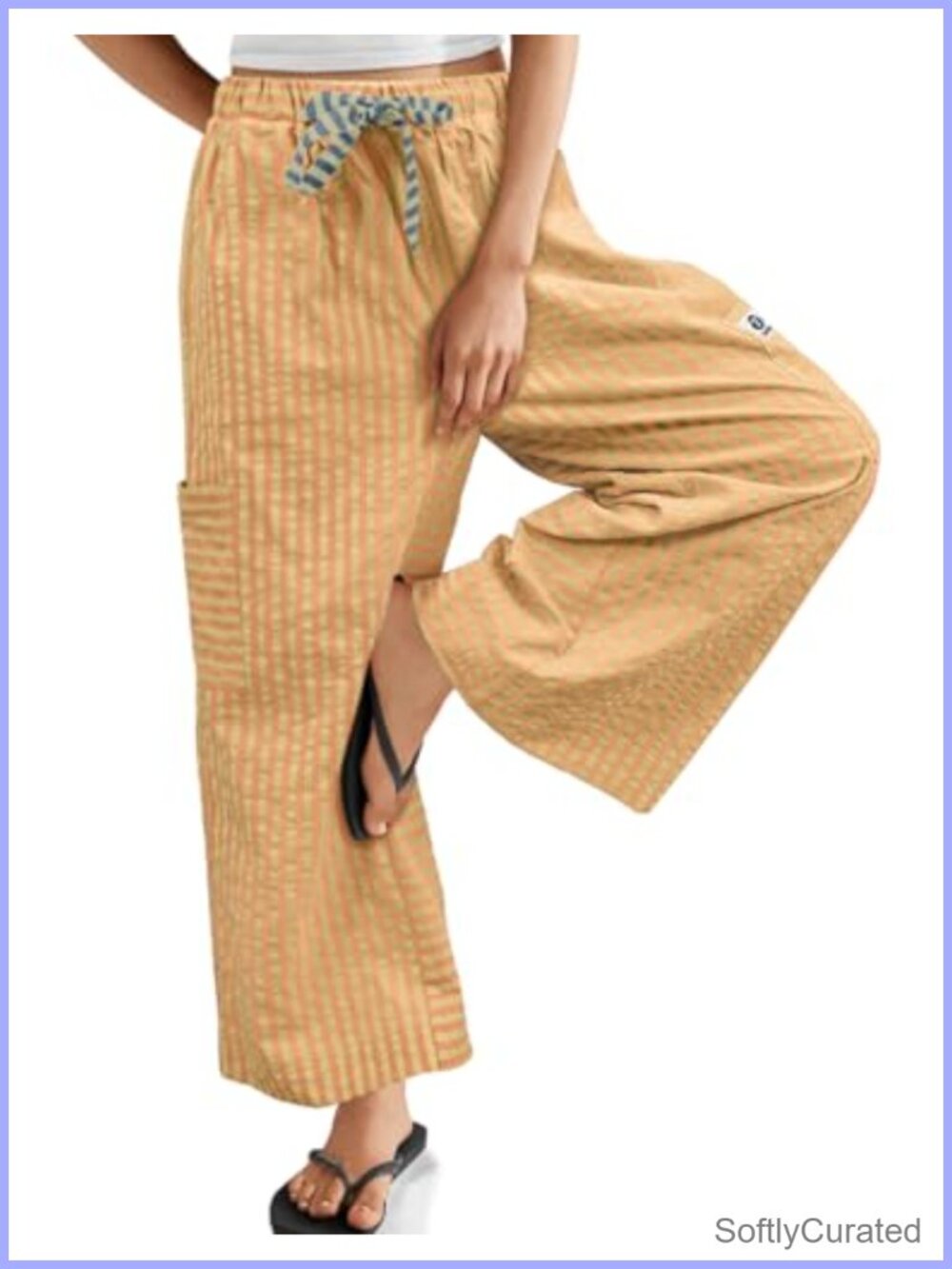 Striped Wide Leg Palazzo Pants Drawstring Cotton Blend Trousers